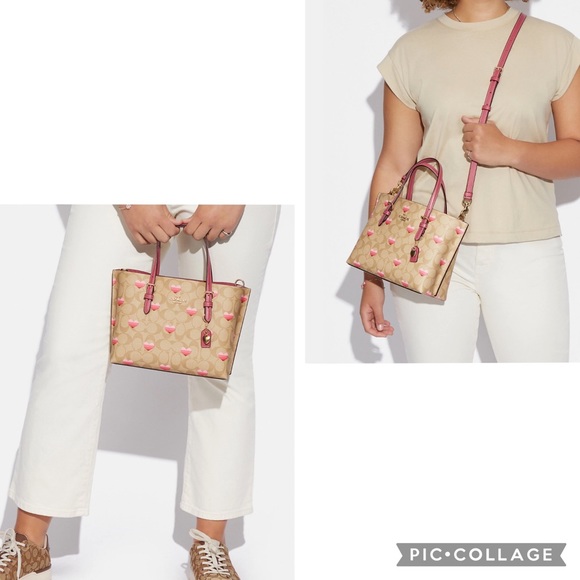 NWT COACH MOLLIE TOTE 25 IN SIGNATURE CANVAS STRIPE HEART PRINT GOLD/LIGHT KHAKI - Picture 2 of 12